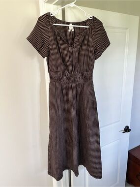 Pact Brown Gingham Short Sleeve Midi Dress